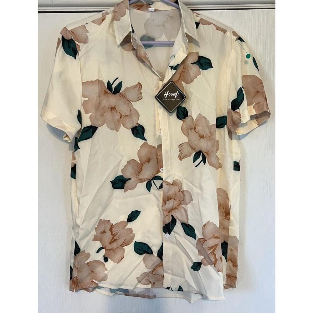 Hoooyi Mens Floral Short Sleeve Button Down Shirt Cream Peach Green Size S NEW